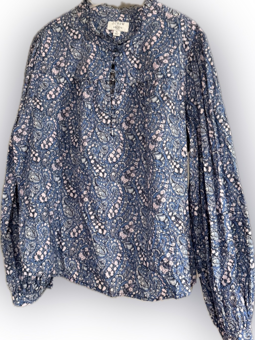 J. Crew Liberty Print Ruffled Neck Blouse in Blue and Pink Paisley
